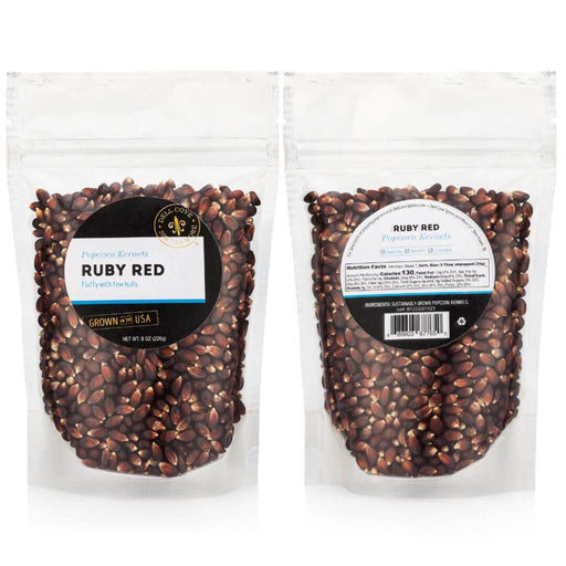 Front and back of Dell Cove Ruby Red popcorn kernels half-pound pouch