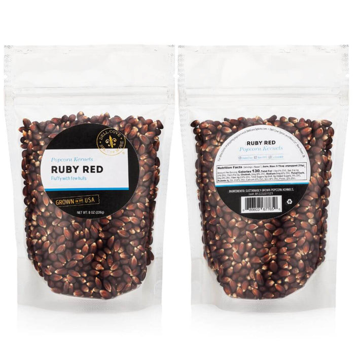 Front and back of Dell Cove Ruby Red popcorn kernels half-pound pouch