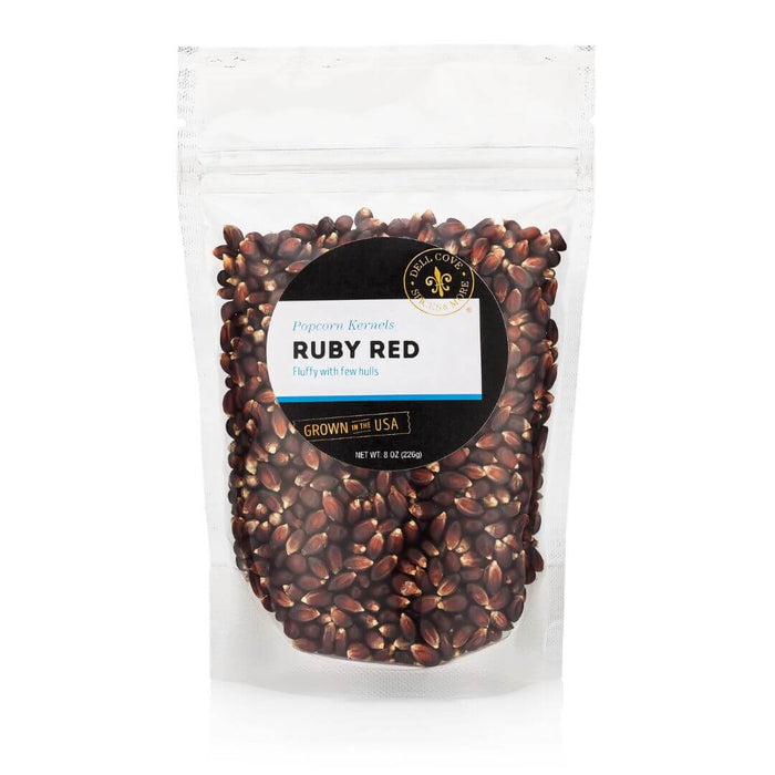 Half-pound pouch of Dell Cove Ruby Red popcorn kernels