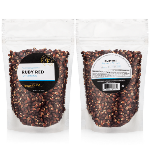 Ruby red poporn kernels in retail pouch - dell cove spices