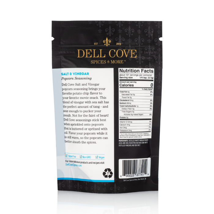 Salt and Vinegar popcorn seasoning pouch back - dell cove spices