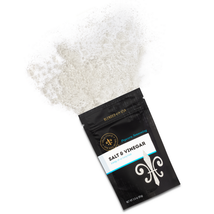 Salt and Vinegar popcorn seasoning pouch front spill - dell cove spices