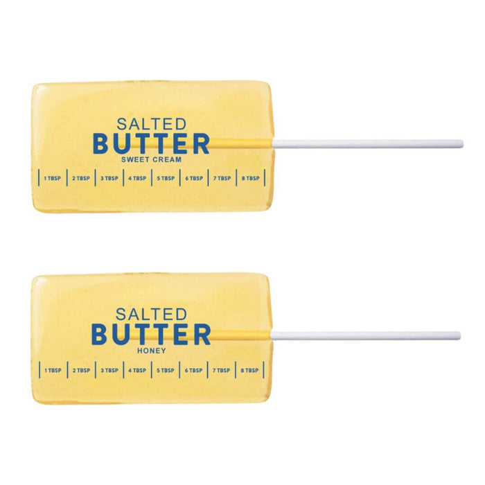 Sweet Cream and Honey Butter candy lollipops designed to look like sticks of salted butter