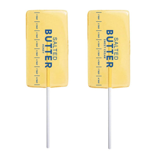 Honey Butter and Sweet Cream Salted Butter candy lollipops shaped like sticks of butter