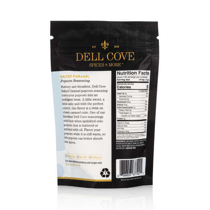 Salted Caramel popcorn seasoning pouch back - dell cove spices