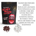 Scary Movie Bloody Red popcorn kernels in a black pouch, shown alongside unpopped red kernels and fluffy white popped popcorn with dark-red centers.