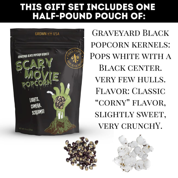 Close-up of Graveyard Black kernels and popped white popcorn from Dell Cove® Zombie Movie Popcorn Kit.