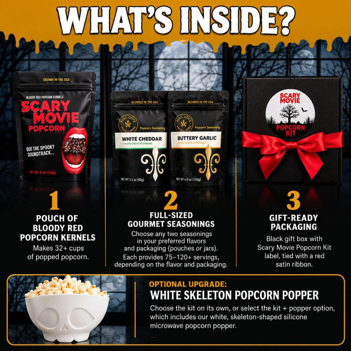 What's included in the Scary Movie Vampire Popcorn Gift Kit: Bloody Red popcorn kernels, two customizable gourmet seasonings and a black gift box with red satin ribbon. Optional white skeleton popcorn popper upgrade.