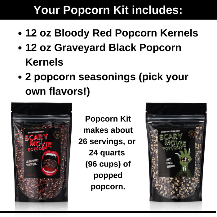 Scary Movie Popcorn Kit with bloody red and graveyard black popcorn kernels - dell cove spices