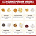 Guide to the six gourmet popcorn kernel varieties in Dell Cove's gift set: Movie Night, Extra Large Mushroom, Baby White, Midnight Blue, Rainbow and Ruby Red, with photos of unpopped kernels and popped popcorn.