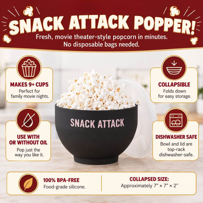 Dell Cove black Snack Attack silicone microwave popcorn popper with 9+ cup capacity, collapsible design, optional oil use and top-rack dishwasher-safe bowl and lid.