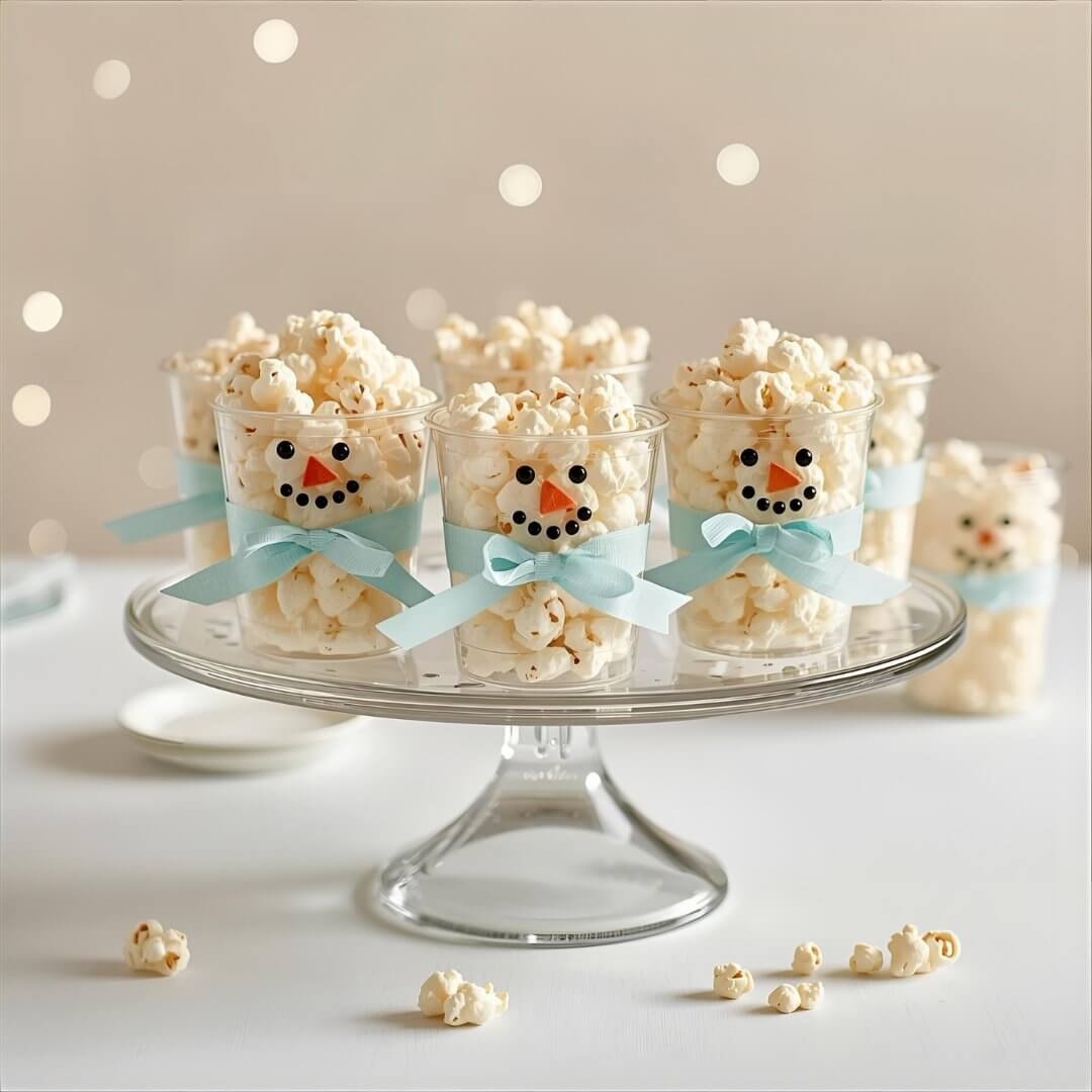Festive Snowman Popcorn Cups on a glass cake stand, each cup decorated with snowman face and blue ribbon scarf.