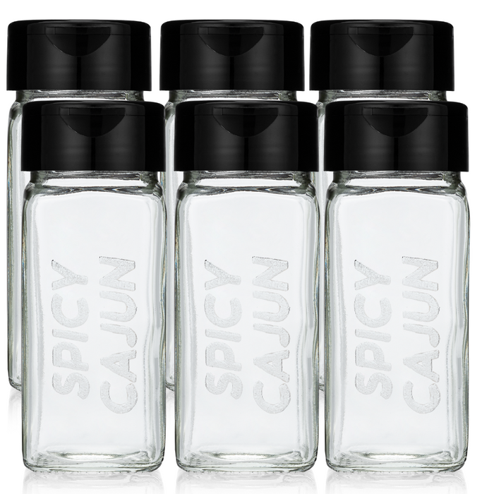 Six empty glass spice jar with black flip top and sifter cap with popcorn seasoning flavor SPICY CAJUN laser etched on one side - dell cove spices
