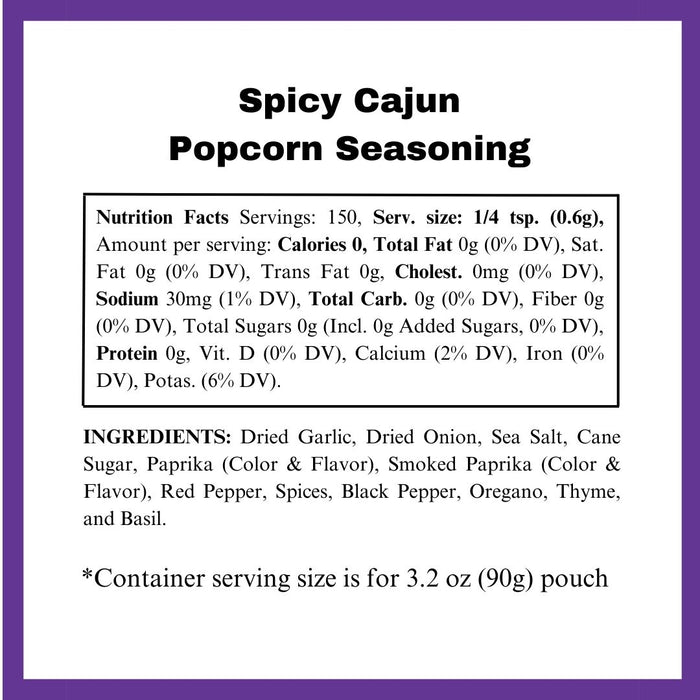 Spicy Cajun popcorn seasoning nutritional panel - dell cove spices