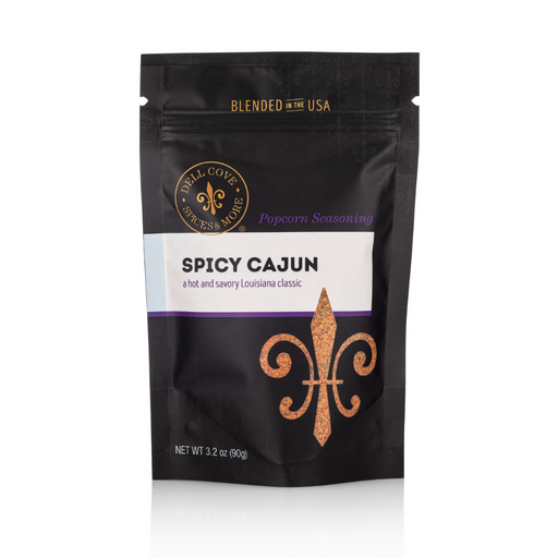 Spicy Cajun popcorn seasoning pouch front - dell cove spices