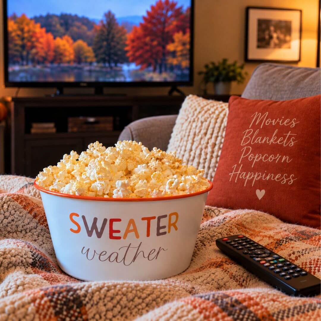 Sweater Weather enamel popcorn bowl styled for a cozy fall movie night