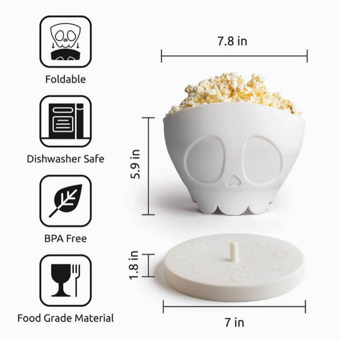 White skeleton-shaped silicone microwave popcorn popper with dimensions: 7.8 inches wide and 5.9 inches tall, with a foldable design, dishwasher-safe construction and BPA-free food-grade material.