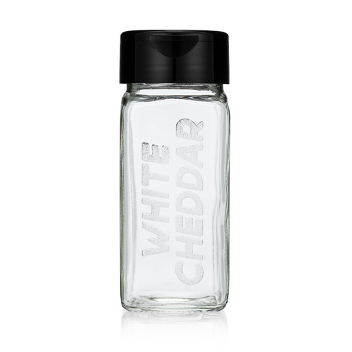 empty glass spice jar with black sifter cap laser etched with the popcorn seasoning flavor WHITE CHEDDAR on one side - dell cove spices