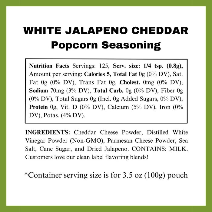 White Cheddar Jalapeno popcorn seasoning nutritional panel - dell cove spices