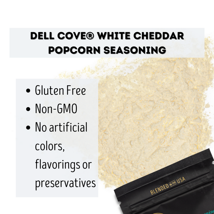 White cheddar popcorn seasoning front pouch description - dell cove spices