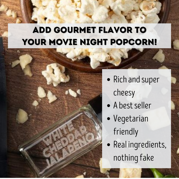 White Cheddar Jalapeno popcorn seasoning benefits with jar - dell cove spices