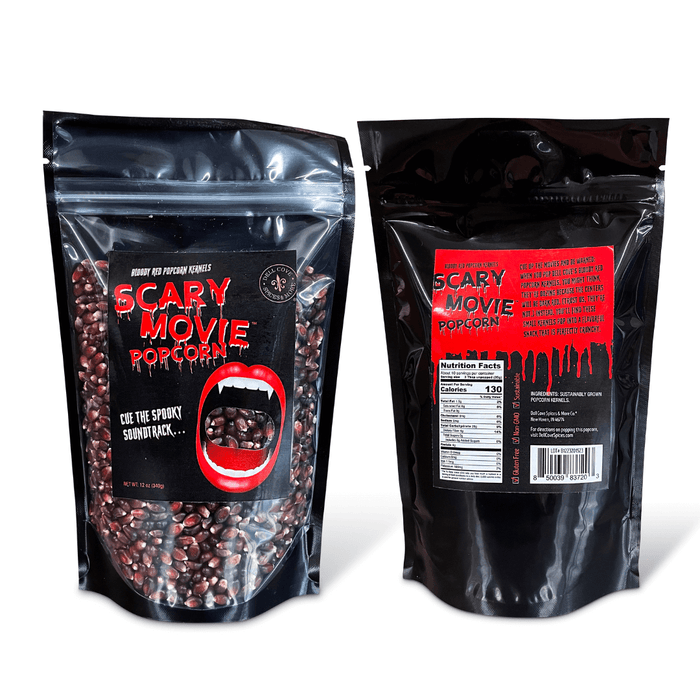 Bloody Red Scary Movie Popcorn Kernels 12 ounce bag front and back view. Dell Cove Spices