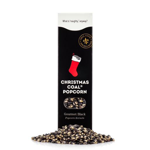 Christmas Coal popcorn kernels - pile of black popcorn in front of box - Dell Cove Spices and More Co