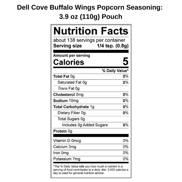 Buffalon Wings Popcorn Seasoning - nutritional panel calorie count - Dell Cove Spices and More Co