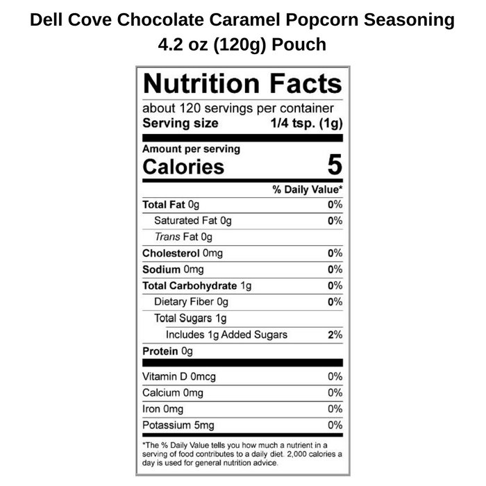 Chocolate Caramel Popcorn Seasoning - nutritional panel calore count - Dell Cove Spices and More Co