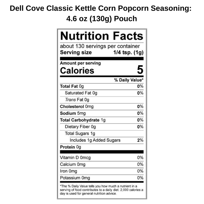 Kettle Corn Popcorn Seasoning - nutritional panel calore count - Dell Cove Spices and More Co