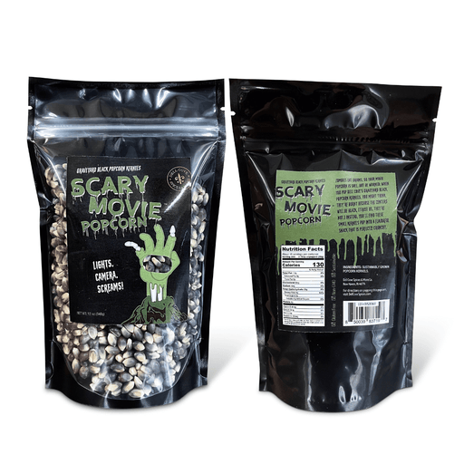Front and Back view of 12 ounce Graveyard Black Scary Movie Popcorn. Dell Cove Spices
