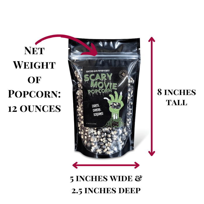 Graveyard Black Scary Movie Popcorn dimensions. Net weight of popcorn 12 ounces. 5 inches wide. 2.5 inches deep and 8 inches tall. Dell Cove Spices