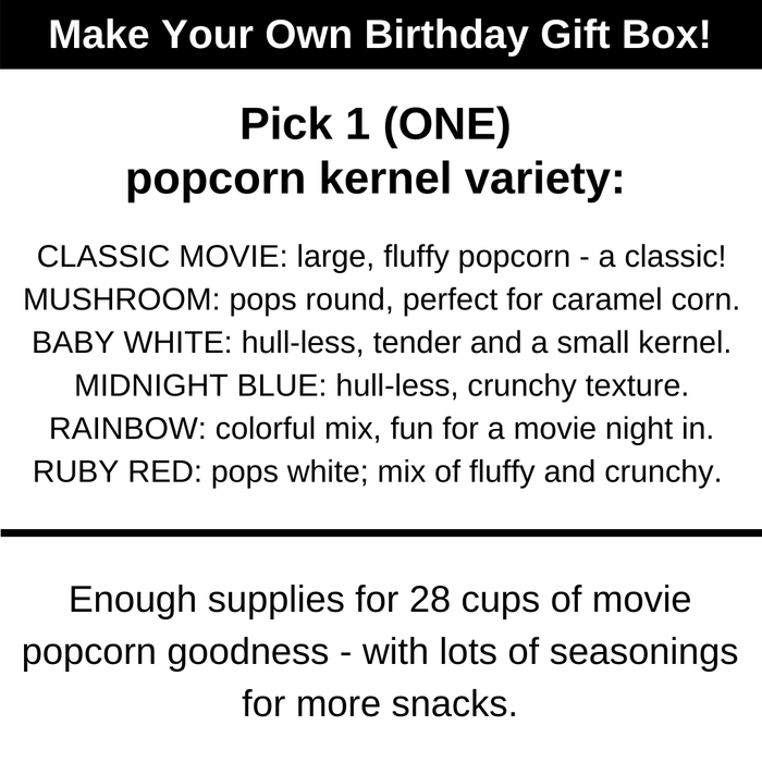 Pick one popcorn kernel variety - Classic Move, Mushroom, Baby White, Midnight Blue, Rainbow, Ruby Red. Enough supplies for 28 cups for popcorn with lots of seasonings for more snacks – Dell Cove Spices