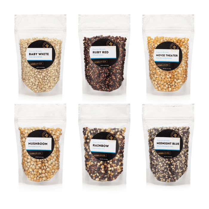 1/2 pound bags of six different popcorn kernel options: Baby White, Ruby Red, Movie Theater, Mushroom, Rainbow and Midnight Blue – Dell Cove Spices