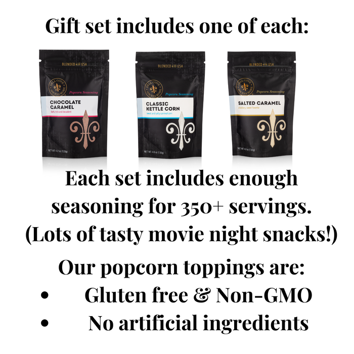 What popcorn seasonings are included in corporate gift set - gluten free popcorn topping - Dell Cove Spices and More Co