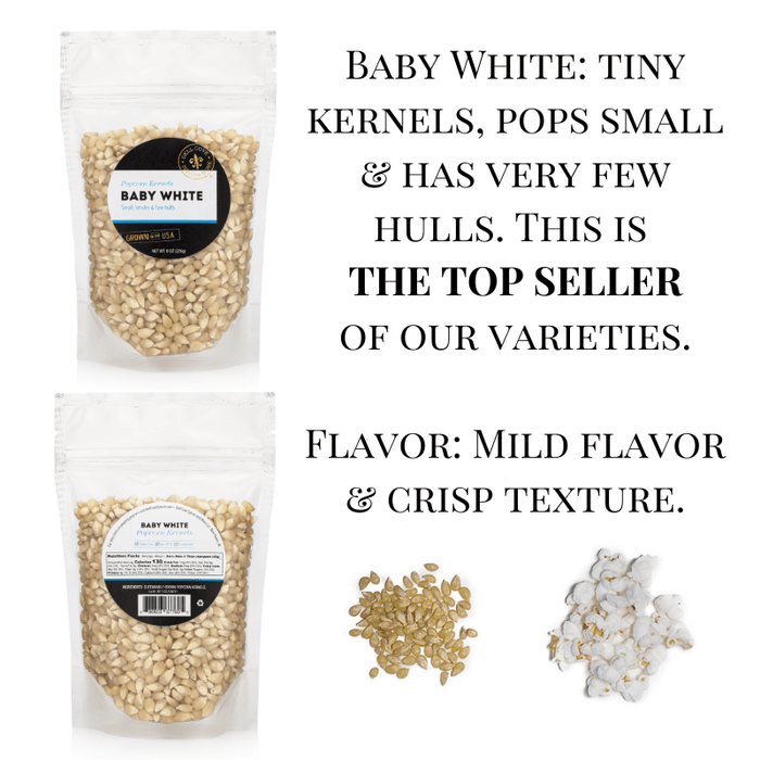 Baby White Popcorn Kernels for Personalized Popcorn Sampler - Popcorn Gift Set - Dell Cove Spices and More Co